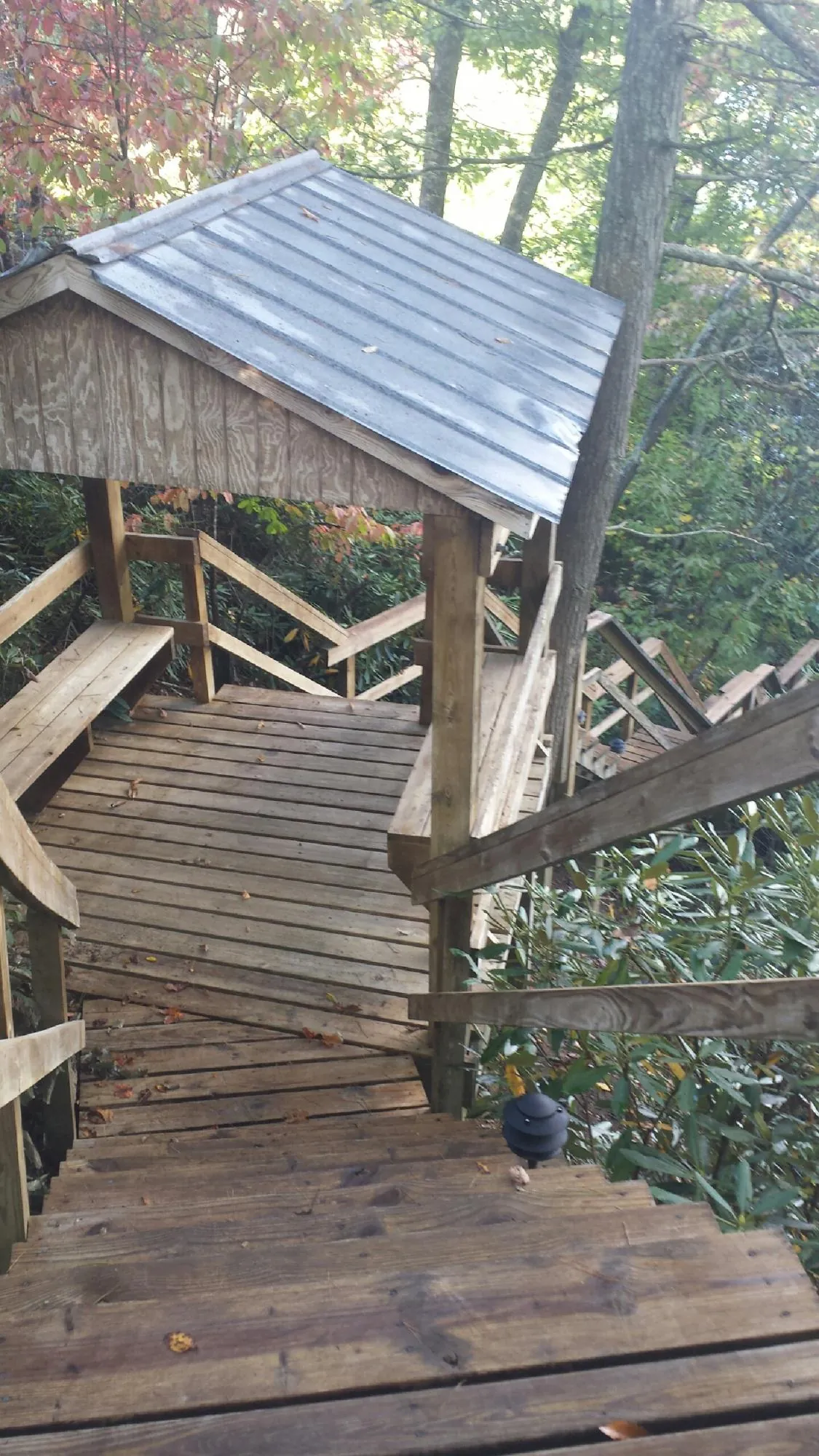 Metal roofed shelter over wooden steps on a wooded walkway — Skylight Repair & Installation work by our crew in Duarte